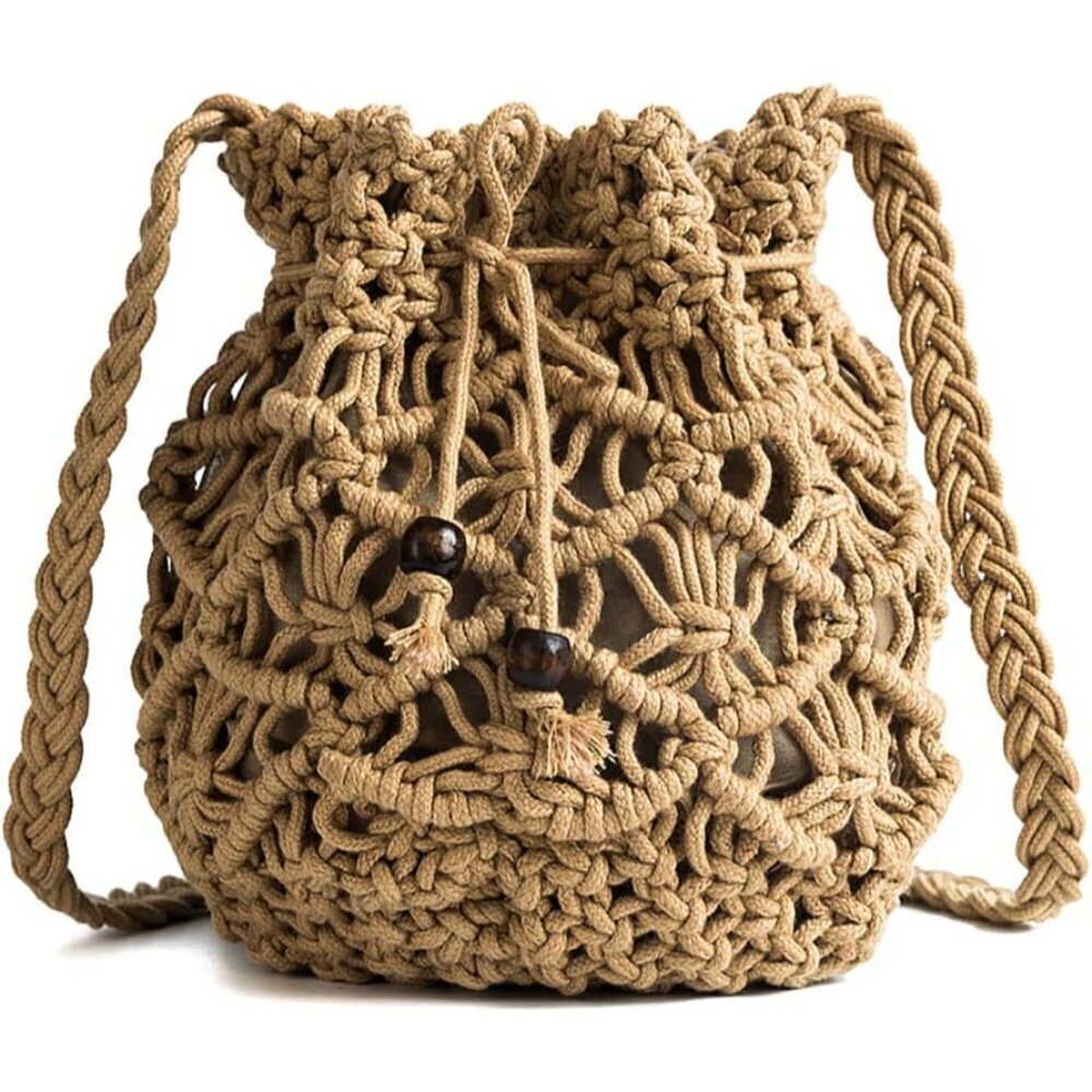 Womens Cotton Linen Drawstring Crossbody Bag Small Woven Straw Purse